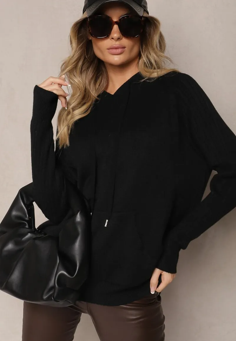 Czarny Sweter z Wiskozą i Kaszmirem oraz z Kapturem Nerolin