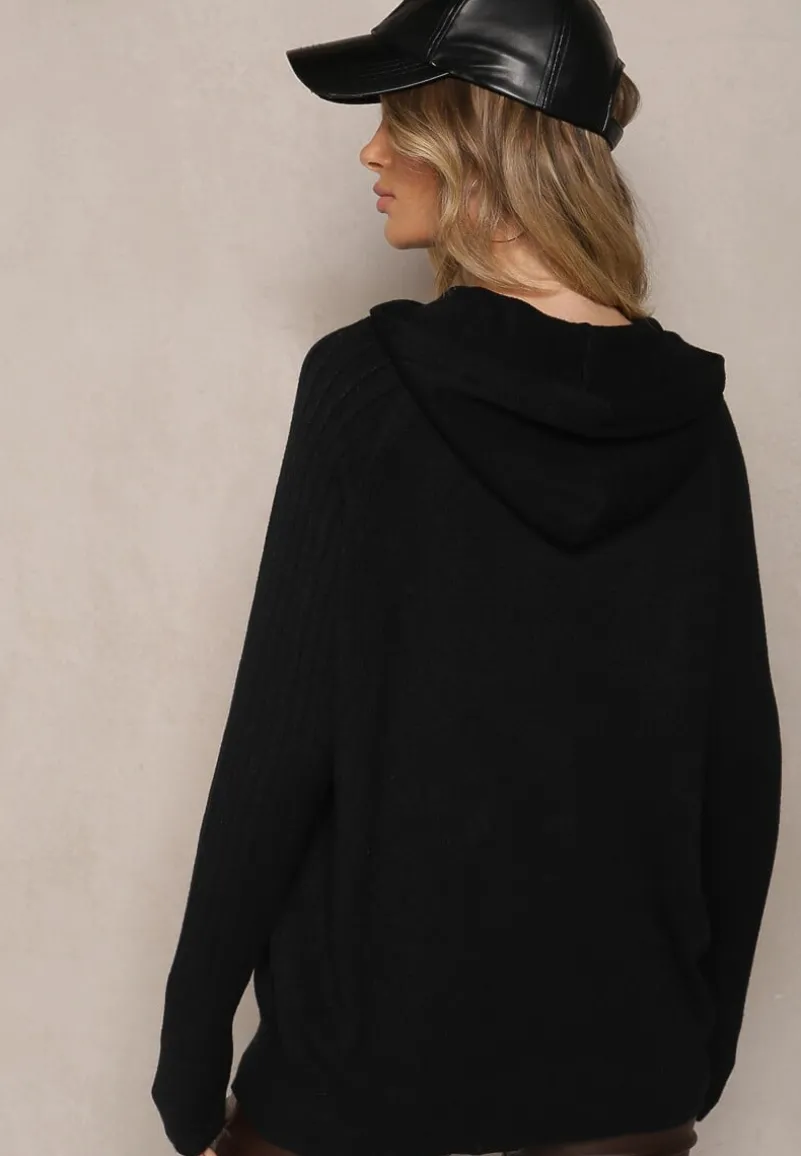 Czarny Sweter z Wiskozą i Kaszmirem oraz z Kapturem Nerolin