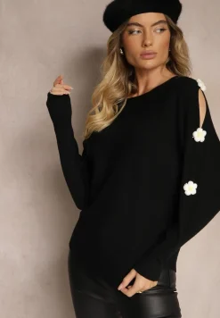 Czarny Sweter z Wiskozą Ozdobiony Wycięciami na Rękawach Evathia