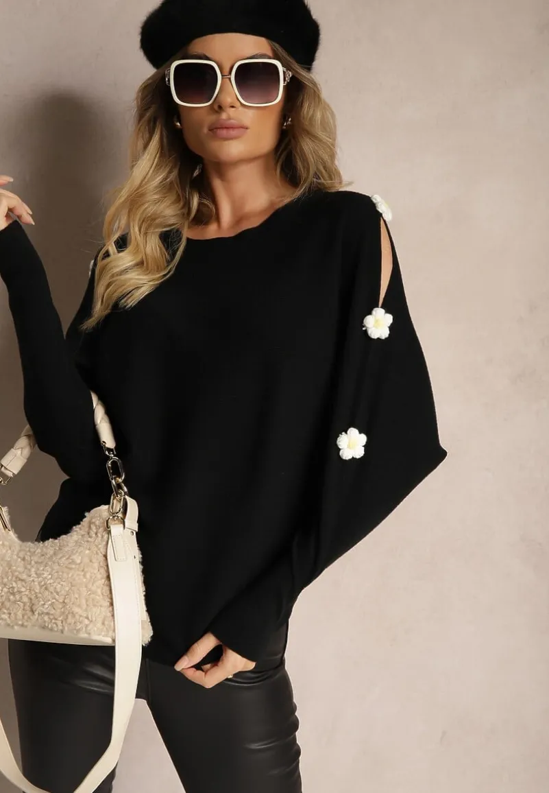 Czarny Sweter z Wiskozą Ozdobiony Wycięciami na Rękawach Evathia