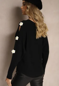 Czarny Sweter z Wiskozą Ozdobiony Wycięciami na Rękawach Evathia