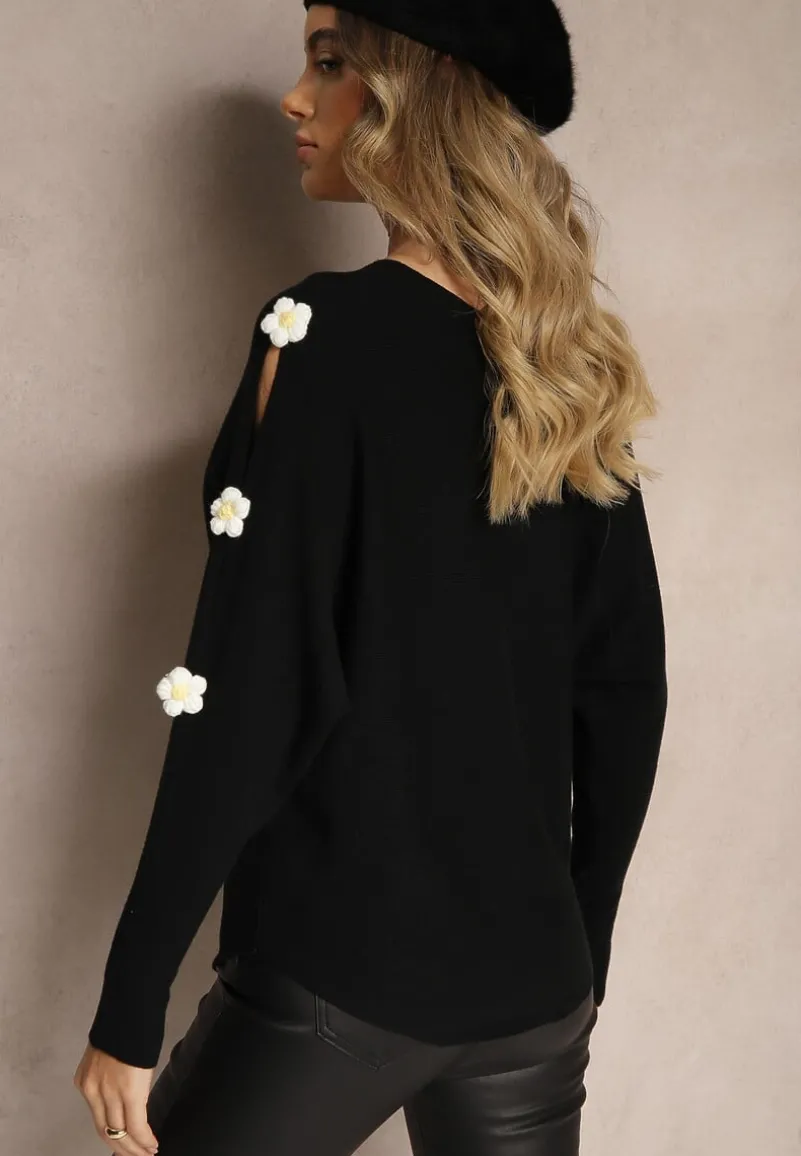 Czarny Sweter z Wiskozą Ozdobiony Wycięciami na Rękawach Evathia