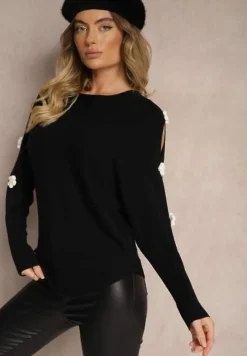 Czarny Sweter z Wiskozą Ozdobiony Wycięciami na Rękawach Evathia