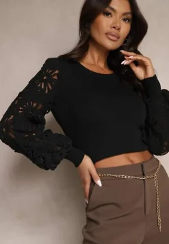 Czarny Sweter z Wiskozą z Eleganckimi Rękawami w Ażurowy Wzór Nolvila