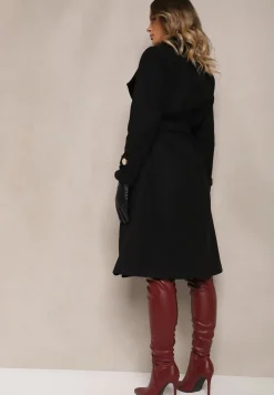 Czarny Szlafrokowy Płaszcz z Asymetrycznym Zapięciem przy Dekolcie i z Wiązanym Paskiem Inalisse