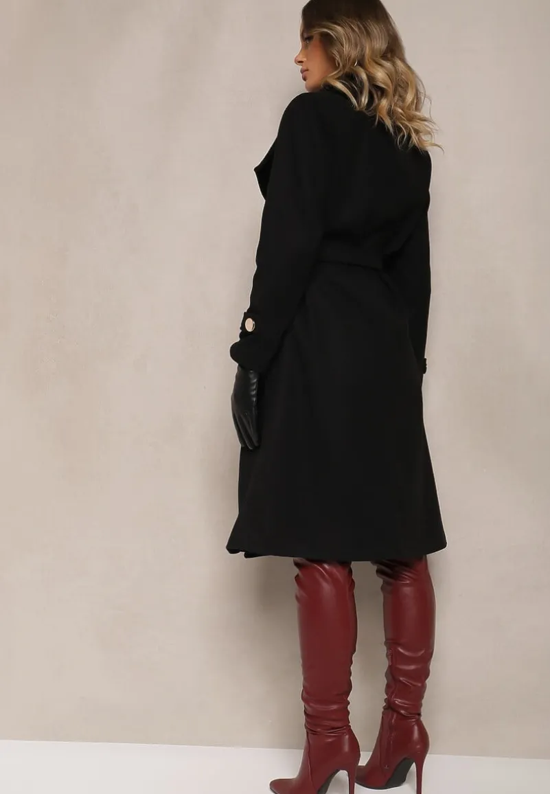 Czarny Szlafrokowy Płaszcz z Asymetrycznym Zapięciem przy Dekolcie i z Wiązanym Paskiem Inalisse