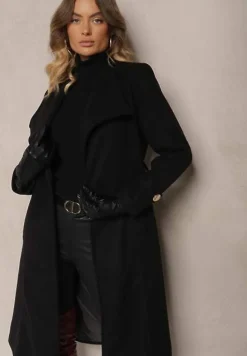 Czarny Szlafrokowy Płaszcz z Asymetrycznym Zapięciem przy Dekolcie i z Wiązanym Paskiem Inalisse