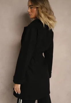 Czarny Szlafrokowy Płaszcz z Wiązanym Paskiem i Ozdobnym Marszczeniem w Pasie Pittia