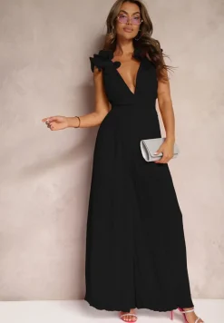 Czarny Taliowany Koktajlowy Kombinezon z Szerokimi Nogawkami Ozdobiony Falbanami Gealfrea