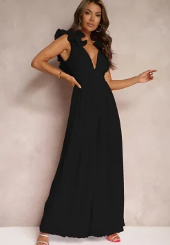 Czarny Taliowany Koktajlowy Kombinezon z Szerokimi Nogawkami Ozdobiony Falbanami Gealfrea