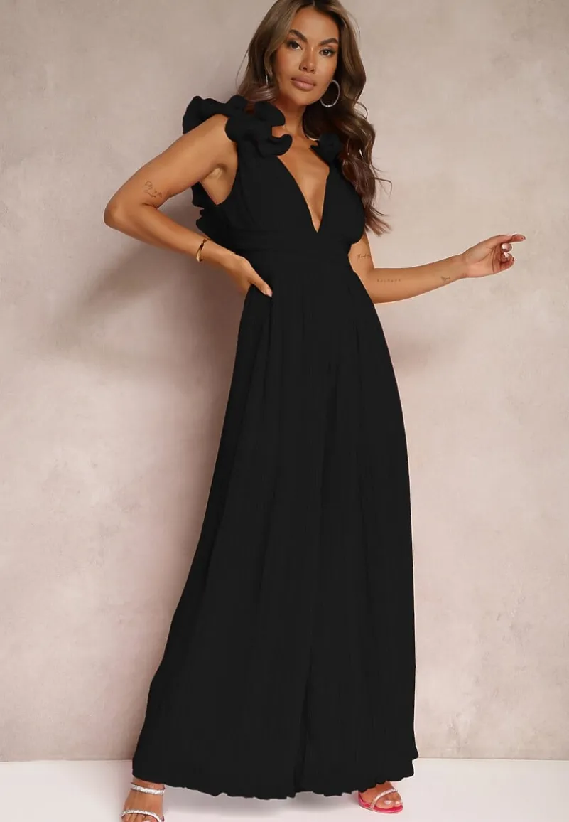 Czarny Taliowany Koktajlowy Kombinezon z Szerokimi Nogawkami Ozdobiony Falbanami Gealfrea