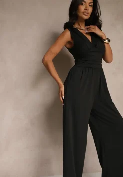 Czarny Taliowany Kombinezon Wide Leg z Wiskozą Baniselia