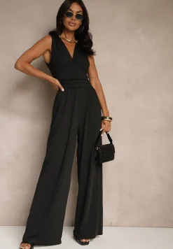Czarny Taliowany Kombinezon Wide Leg z Wiskozą Baniselia