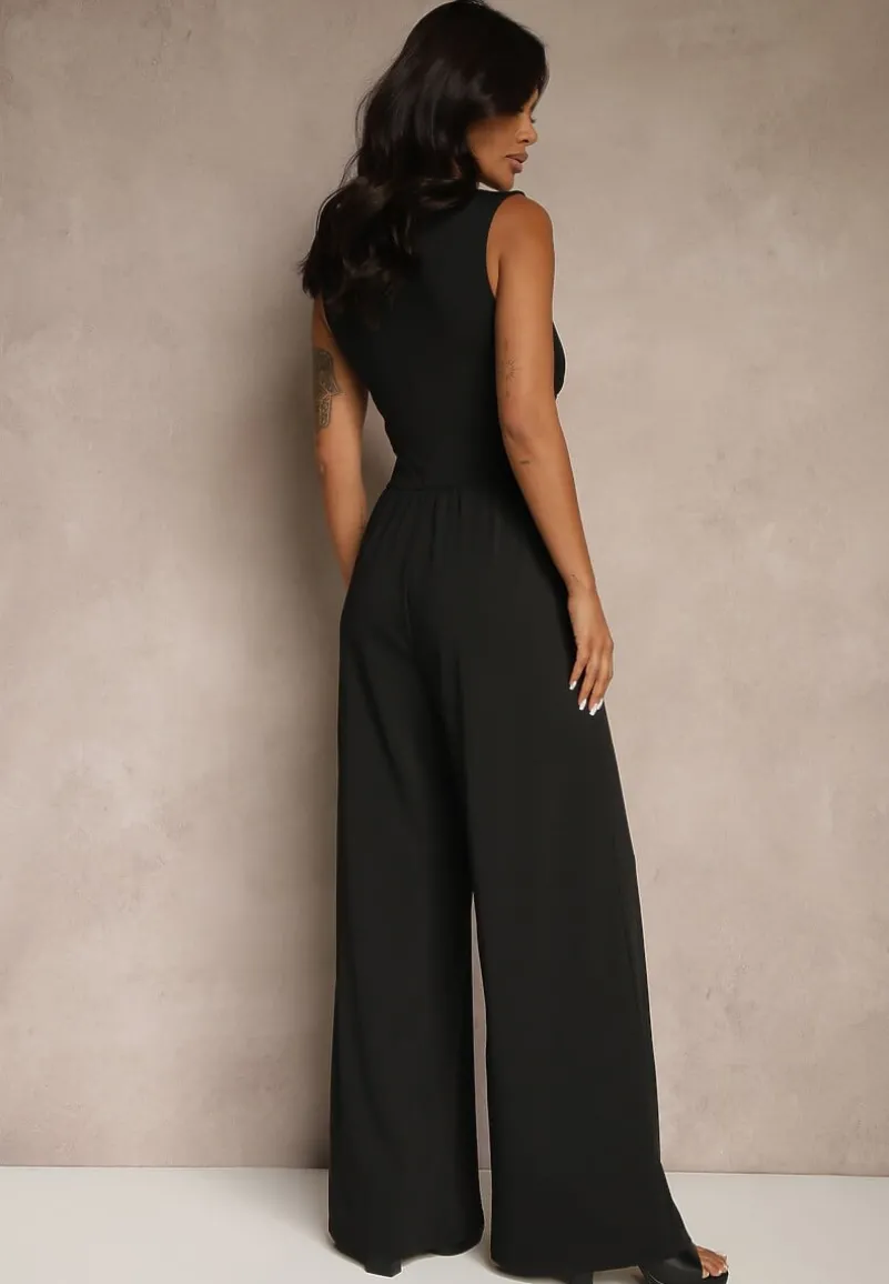 Czarny Taliowany Kombinezon Wide Leg z Wiskozą Baniselia