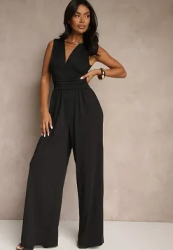 Czarny Taliowany Kombinezon Wide Leg z Wiskozą Baniselia