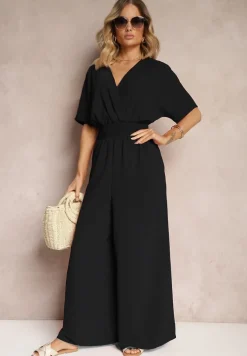 Czarny Taliowany Kombinezon z Zakładkowym Dekoltem i Gumką w Pasie Vimalynna