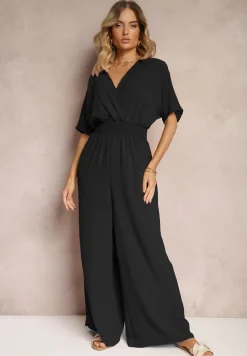 Czarny Taliowany Kombinezon z Zakładkowym Dekoltem i Gumką w Pasie Vimalynna
