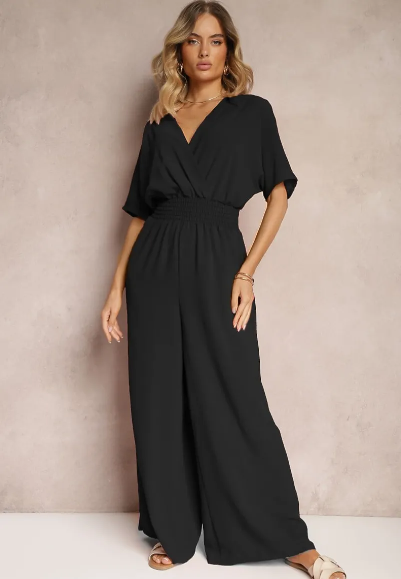 Czarny Taliowany Kombinezon z Zakładkowym Dekoltem i Gumką w Pasie Vimalynna