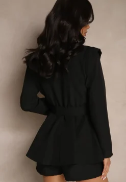 Czarny Taliowany Kombinezon Imitujący Garnitur z Paskiem i Cyrkoniami Milazi