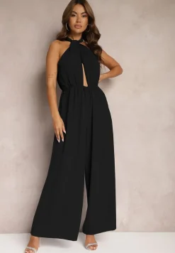 Czarny Taliowany Kombinezon ze Ściągaczem w Talii i Wiązaniem przy Szyi Rivasiris