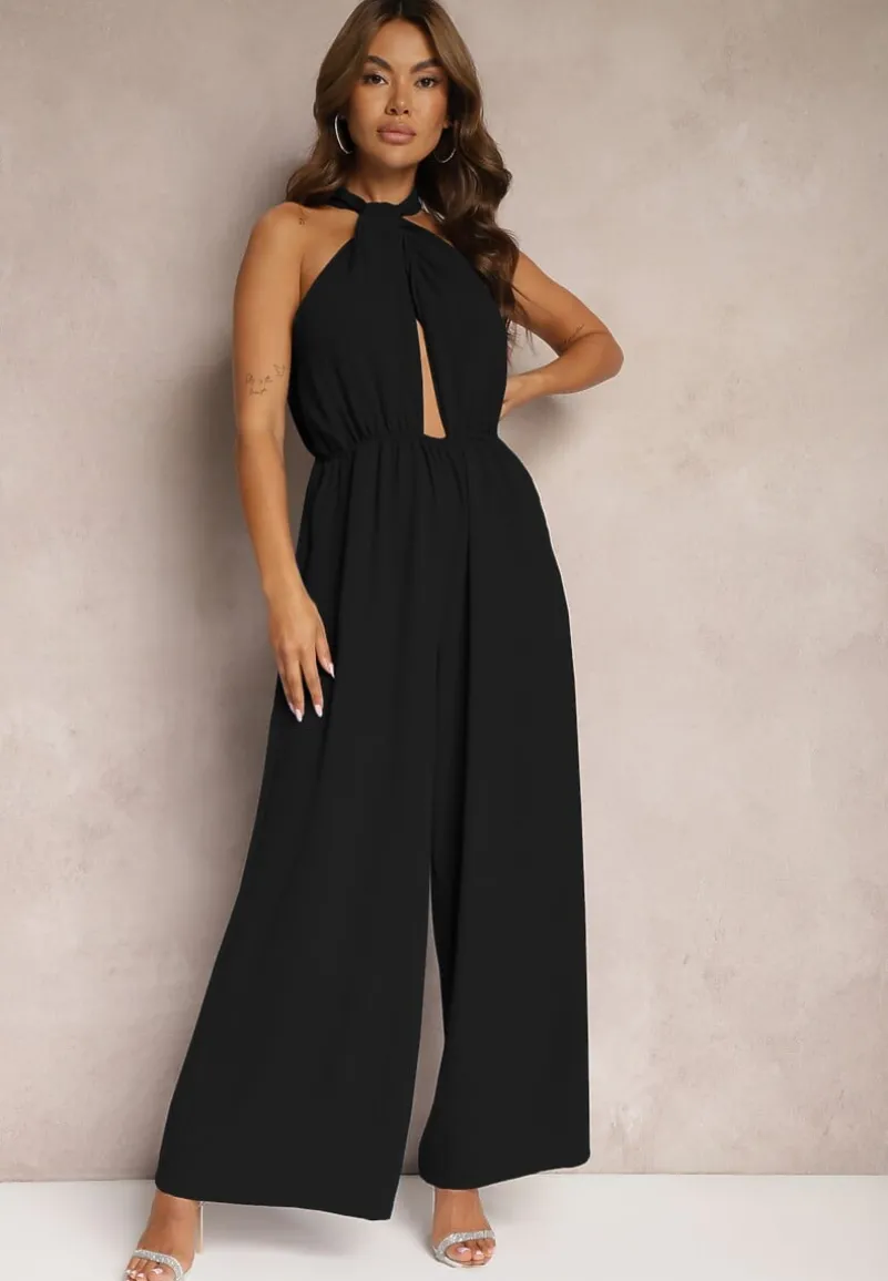 Czarny Taliowany Kombinezon ze Ściągaczem w Talii i Wiązaniem przy Szyi Rivasiris