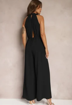 Czarny Taliowany Kombinezon ze Ściągaczem w Talii i Wiązaniem przy Szyi Rivasiris