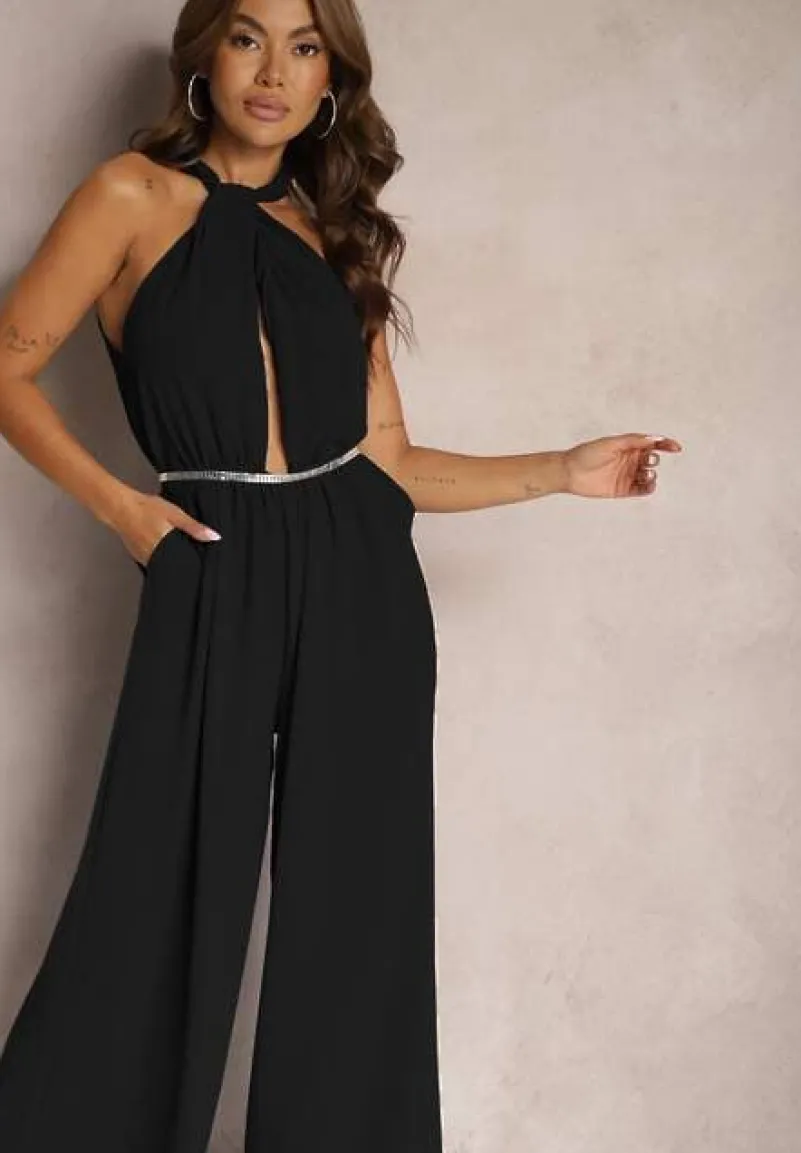 Czarny Taliowany Kombinezon ze Ściągaczem w Talii i Wiązaniem przy Szyi Rivasiris