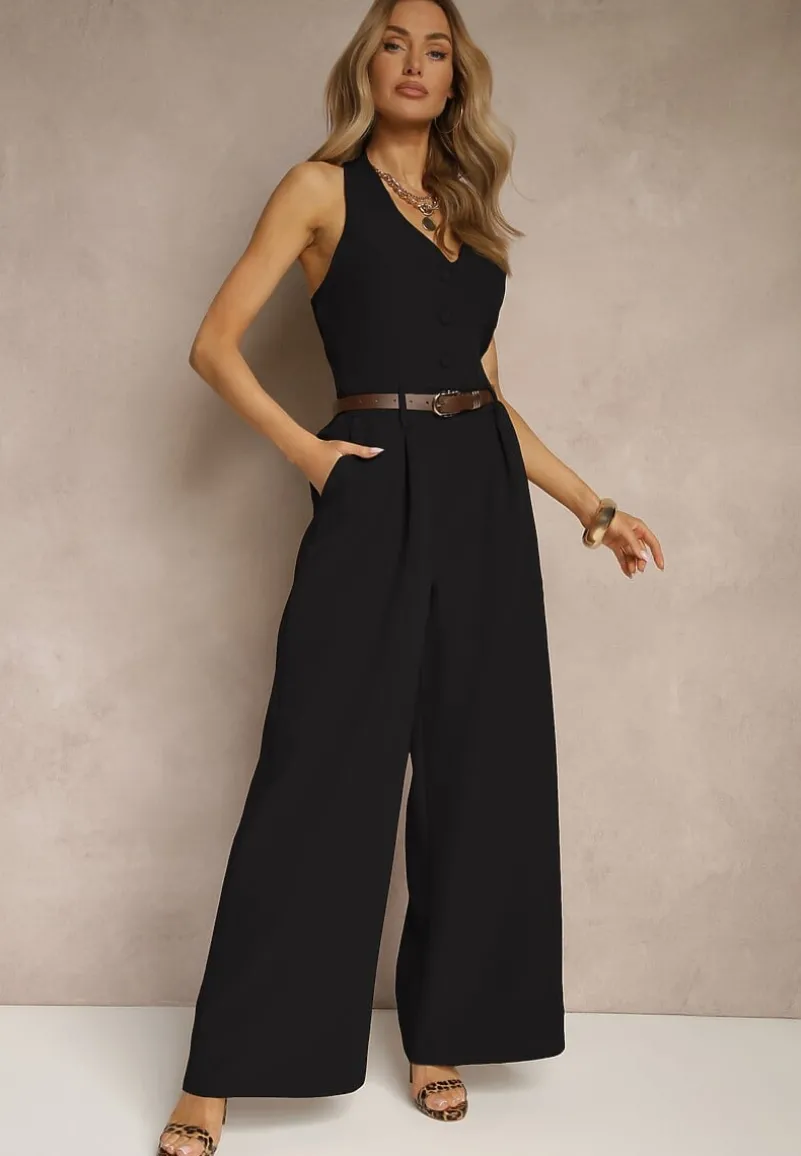 Czarny Taliowany Kombinezon z Guzikami Nilaviella