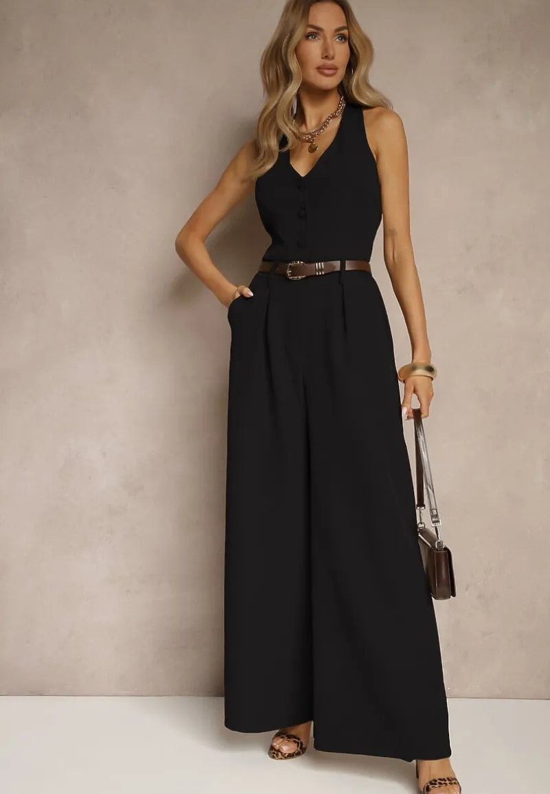 Czarny Taliowany Kombinezon z Guzikami Nilaviella