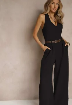 Czarny Taliowany Kombinezon z Guzikami Nilaviella