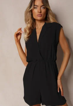Czarny Taliowany Kombinezon z Gumką w Pasie i Kopertowym Dekoltem Nansilyne