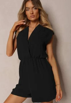 Czarny Taliowany Kombinezon z Gumką w Pasie i Kopertowym Dekoltem Nansilyne