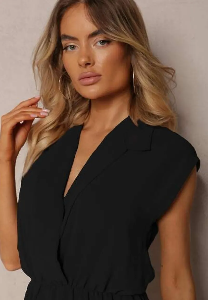 Czarny Taliowany Kombinezon z Gumką w Pasie i Kopertowym Dekoltem Nansilyne