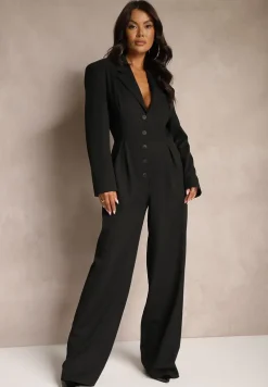Czarny Taliowany Kombinezon na Guziki w Garniturowym Stylu z Wiskozą Wide Leg Avarella