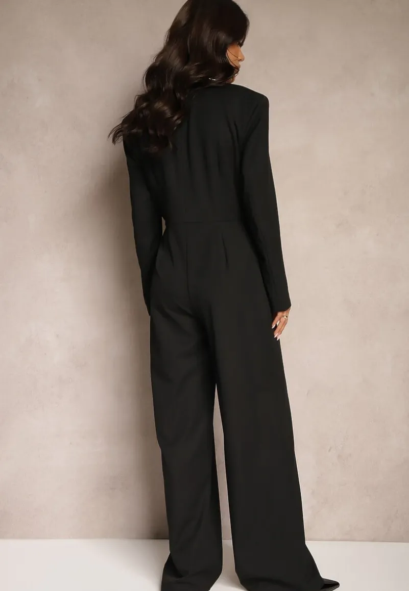 Czarny Taliowany Kombinezon na Guziki w Garniturowym Stylu z Wiskozą Wide Leg Avarella