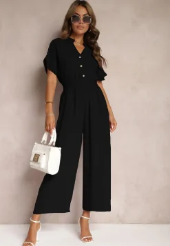 Czarny Taliowany Kombinezon z Wiskozy Zapinany na Guziki Frisea