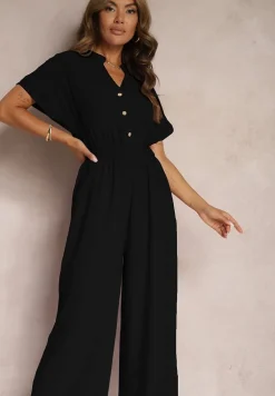 Czarny Taliowany Kombinezon z Wiskozy Zapinany na Guziki Frisea