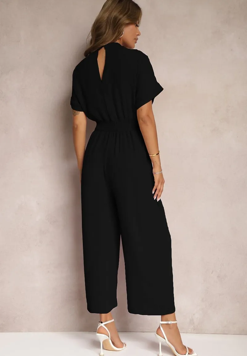 Czarny Taliowany Kombinezon z Wiskozy Zapinany na Guziki Frisea
