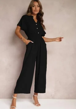 Czarny Taliowany Kombinezon z Wiskozy Zapinany na Guziki Frisea
