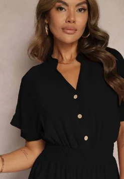 Czarny Taliowany Kombinezon z Wiskozy Zapinany na Guziki Frisea