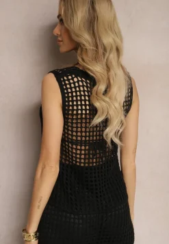 Czarny Top z Ażurowej Dzianiny Naloeli