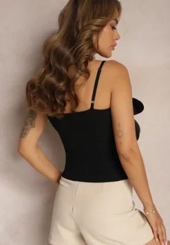 Czarny Top z Dodatkiem Wiskozy na Ramiączkach z Regulacją Ozdobiony Kwiatową Aplikacją Vienara