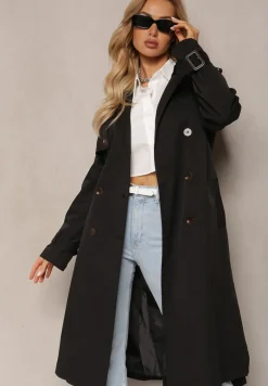 Czarny Trencz Płaszcz z Plisami na Tyle Paskiem w Talii i Dwurzędowym Zapięciem Sigin