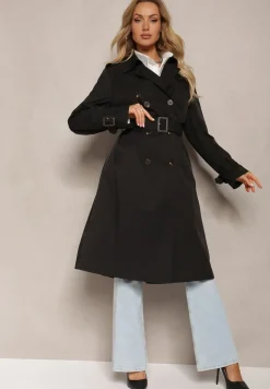 Czarny Trencz Płaszcz z Plisami na Tyle Paskiem w Talii i Dwurzędowym Zapięciem Sigin