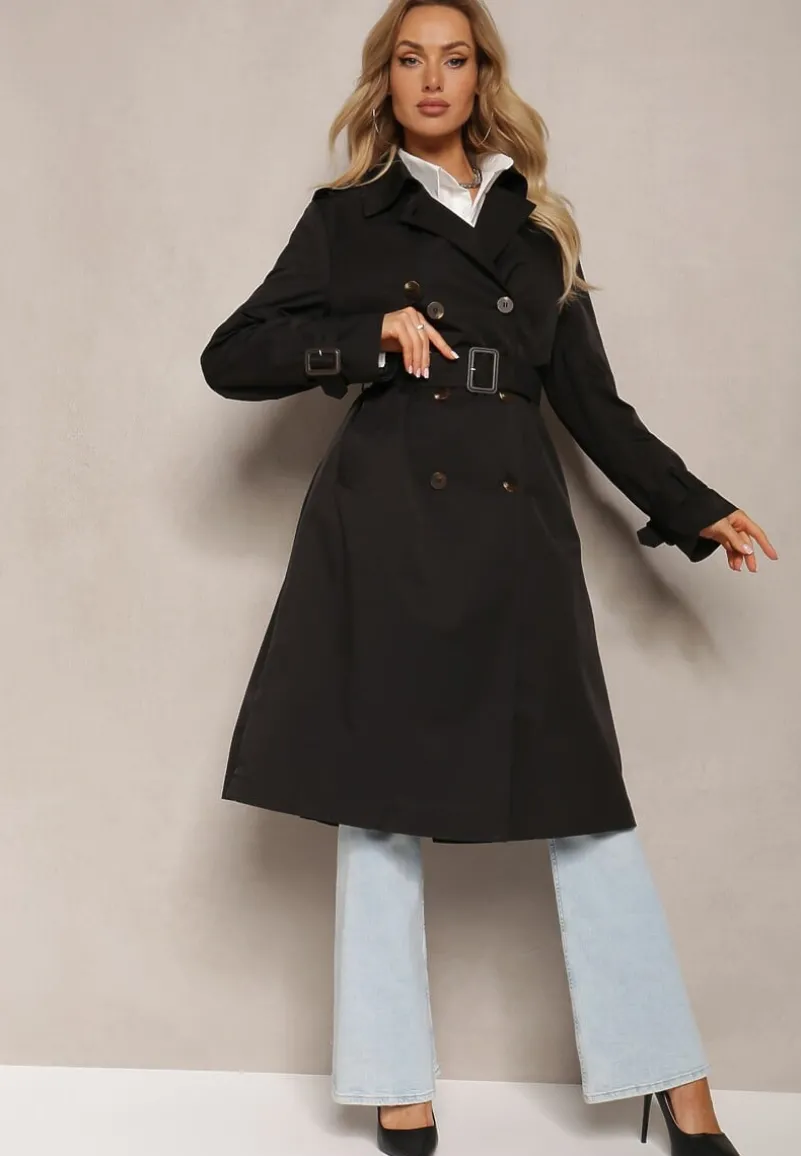 Czarny Trencz Płaszcz z Plisami na Tyle Paskiem w Talii i Dwurzędowym Zapięciem Sigin