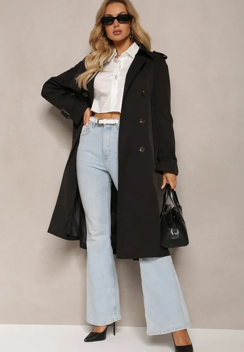 Czarny Trencz Płaszcz z Plisami na Tyle Paskiem w Talii i Dwurzędowym Zapięciem Sigin