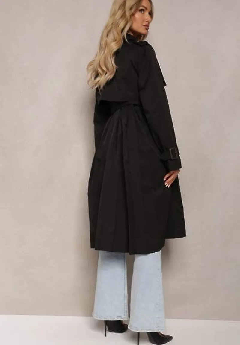 Czarny Trencz Płaszcz z Plisami na Tyle Paskiem w Talii i Dwurzędowym Zapięciem Sigin