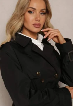 Czarny Trencz Płaszcz z Plisami na Tyle Paskiem w Talii i Dwurzędowym Zapięciem Sigin