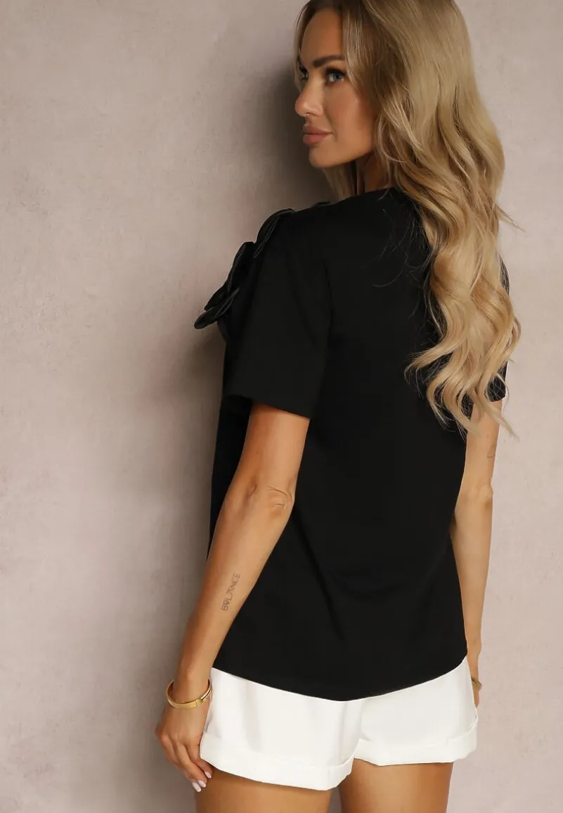 Czarny T-shirt Bluzka z Bawełny z Krótkim Rękawem i Aplikacją Kwiatu Dimasa