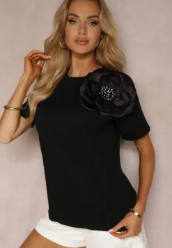 Czarny T-shirt Bluzka z Bawełny z Krótkim Rękawem i Aplikacją Kwiatu Dimasa